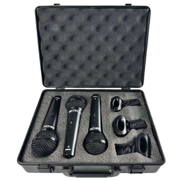 Eikon Vocal Dynamic Black Microphones. 3 piece kit with clips & ABS Case