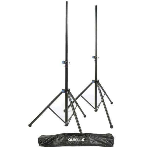 QuikLok SP180 BK Pair Aluminium tripod speaker stand with air-cushion system, inc nylon tote bag